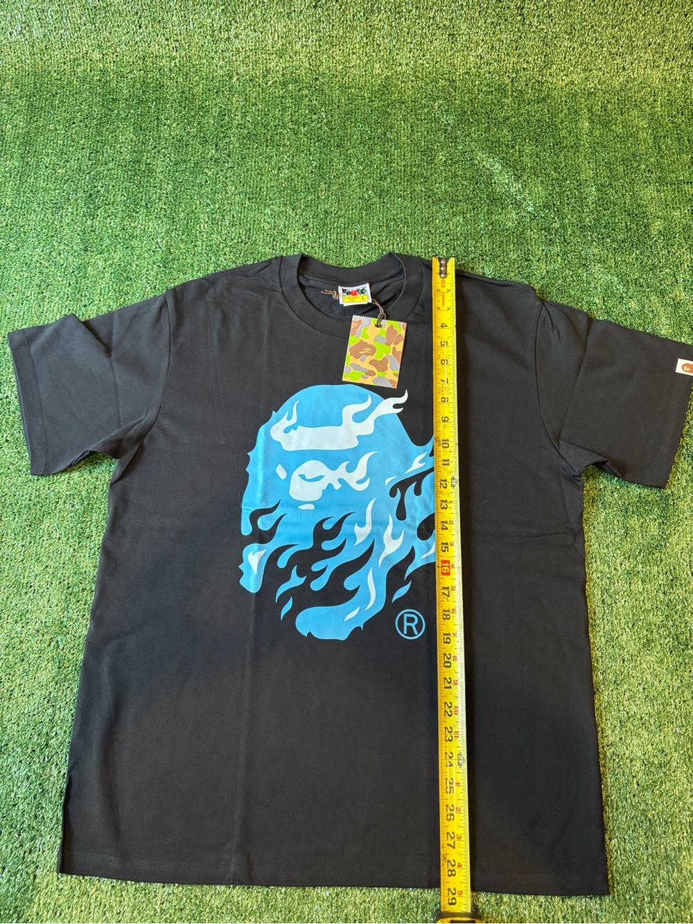 Bape Black Tee with Bright Blue Flame Ape Logo - Picture 7 of 11
